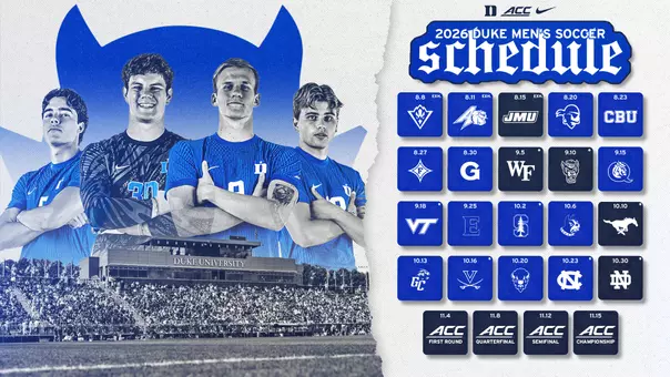 Graphic announcing Duke men's soccer schedule 2026