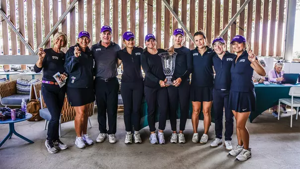 The TCU Women's Golf Team celebrates after winning the Jim West Challenge championship