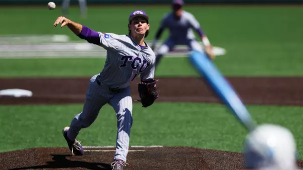 Zack James throws a pitch at Kansas State in a 4-0 win for TCU on April 5, 2026.