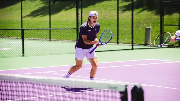 Albert Pedrico celebrates during the doubles point of a match vs. Stanford.