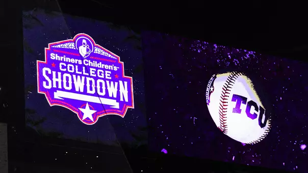 Globe Life Field Scoreboard featuring Shriner's logo and baseball with TCU logo.