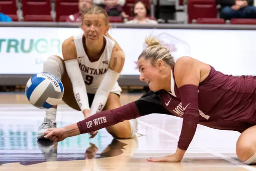 The University of Montana Grizzly volleyball team defeats Northern Arizona University at a home game in Missoula, Montana on October 4, 2025.