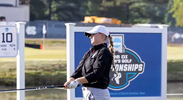 Lindsay McGrath of the NC State women's golf team tees off at the NCAA Chapel Hill Regional