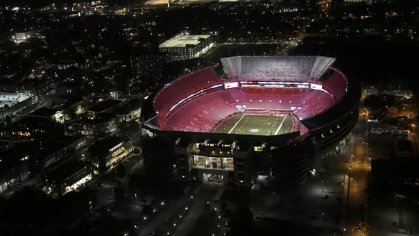 Aerial view of Bryant-Denny Stadium during a night game