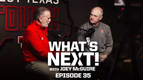 Graphic with head football coach Joey McGuire and host Robert Giovannetti highlighting the 35th episode of the What's Next Podcast.