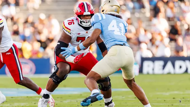 Offensive Lineman Rahtrel Perry playing in Maryland's football game at UCLA in 2025