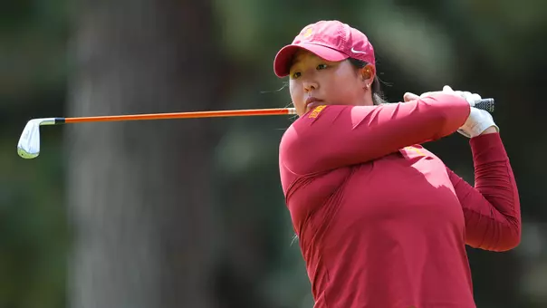 Catherine Park swings an iron at the Big Ten Championships
