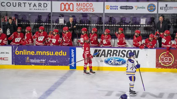 Simms celebrates a goal against Minnesota State on Dec. 6 in Mankato