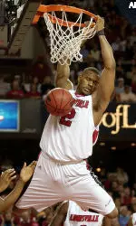 Ellis Myles dunks two of his 13 points during the second half of his team's 84-66 win over Saint Louis Sunday, Feb. 20, 2005, in Louisville, Ky. Myles added 18 rebounds, five assists and a block in the win.