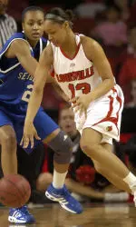 Toni Slaughter drives against Seton Hall's Noteisha Womack during the first half. (AP Photo/Timothy D. Easley)