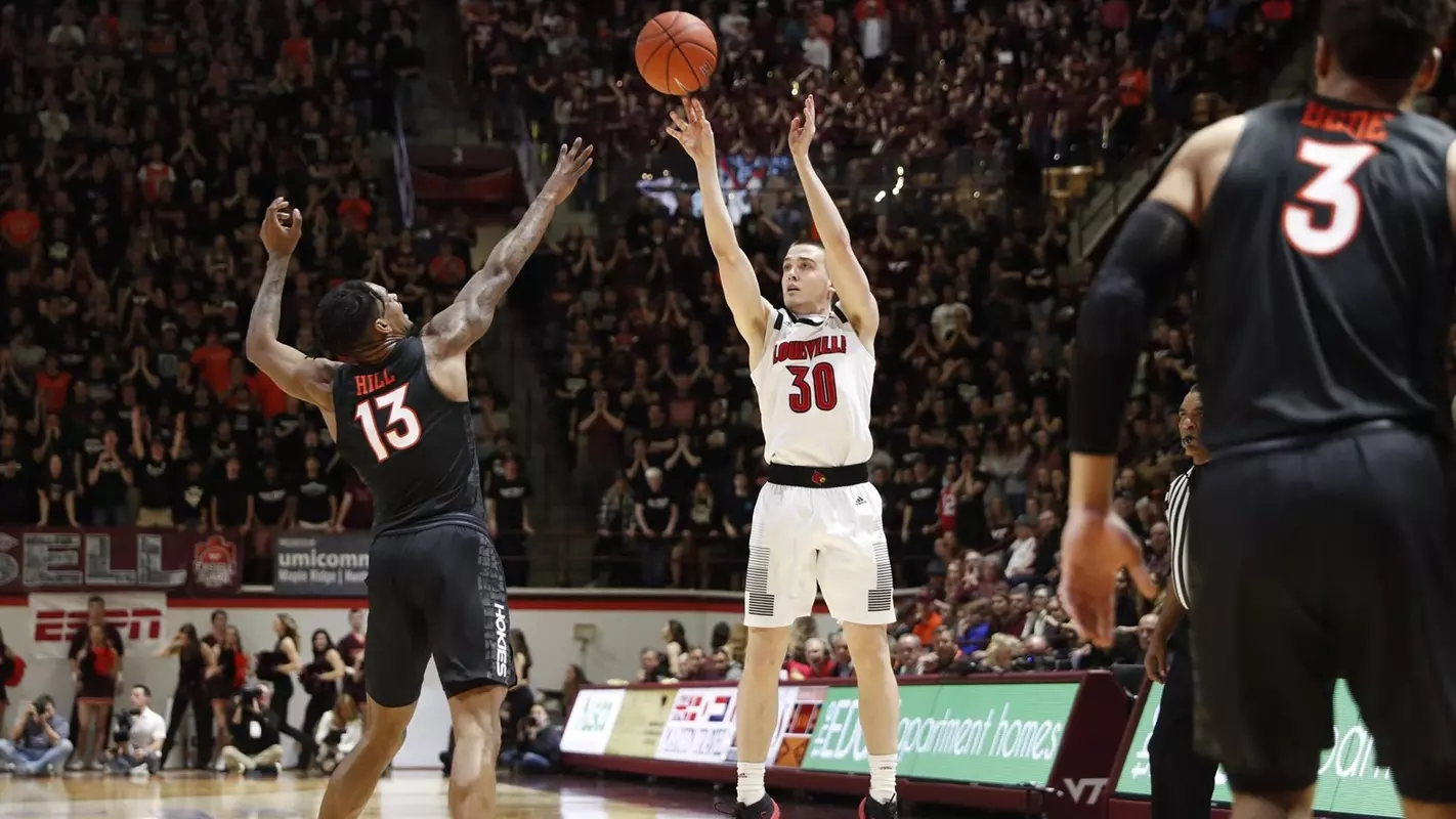 Ryan McMahon takes a three-pointer against Virginia Tech
