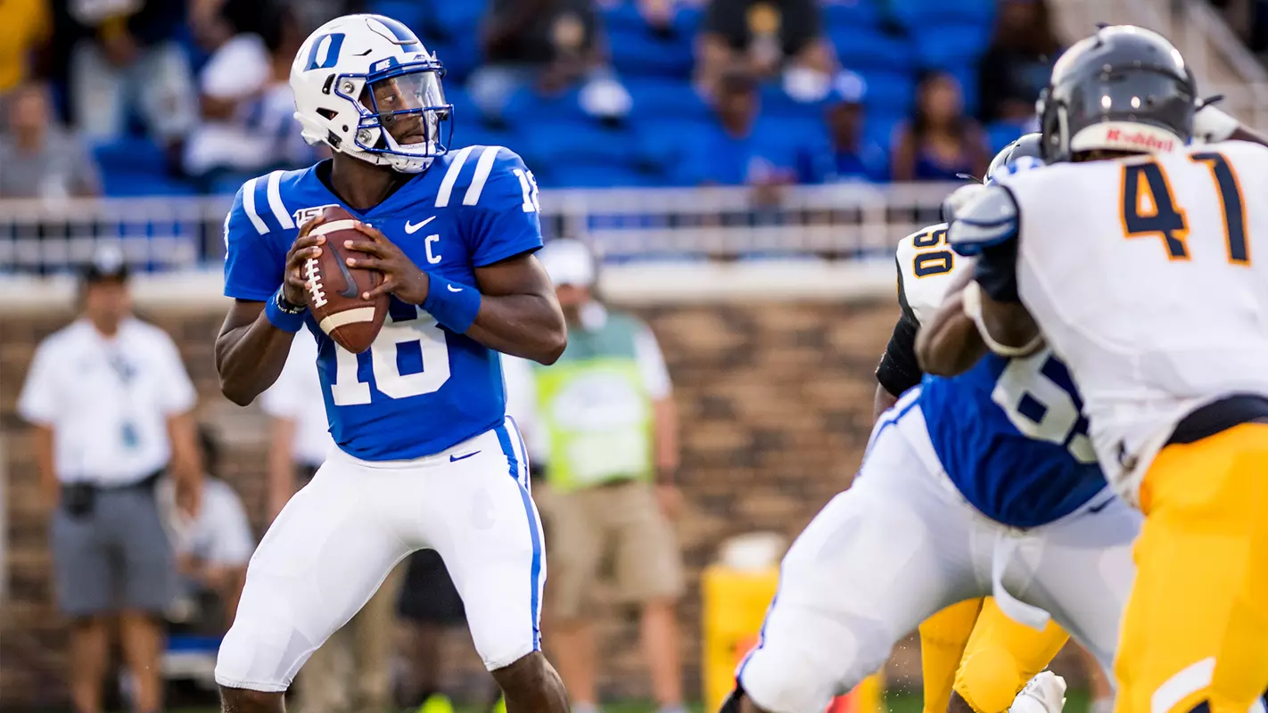 Duke quarterback Quentin Harris looks downfield from the pocket.
