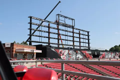 Construction begins on the new videoboard at Carter-Finley Stadium