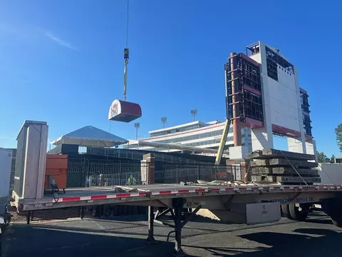 Beginning process of removing the old videoboard at Carter-Finley Stadium.
