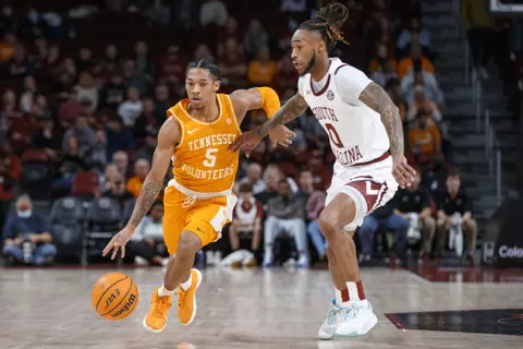 COLUMBIA, SC - February 05, 2022 - Guard Zakai Zeigler #5 of the Tennessee Volunteers during the game between the South Carolina Gamecocks and the Tennessee Volunteers at Colonial Life Arena in Columbia, SC. Photo By Emma Corona/Tennessee Athletics