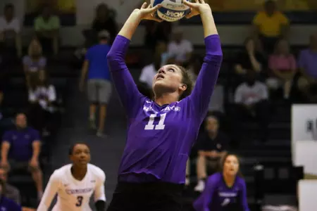 Abilene Christian University volleyball players during their match against Georgia Tech at O’Keefe Gymnasium in Atlanta, Georgia on Saturday, Aug. 25, 2018. (Photo/Steffenie Burns)