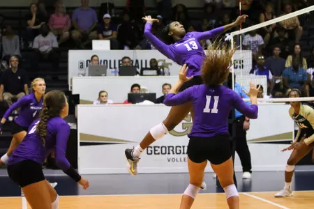 Abilene Christian University volleyball players during their match against Georgia Tech at O’Keefe Gymnasium in Atlanta, Georgia on Saturday, Aug. 25, 2018. (Photo/Steffenie Burns)