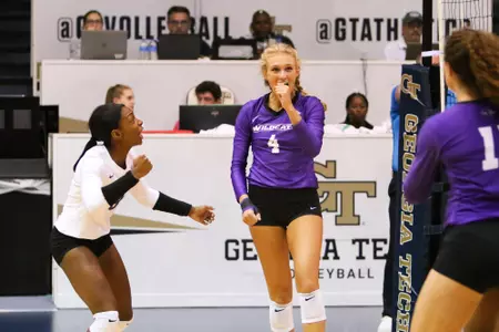 Abilene Christian University volleyball players during their match against Georgia Tech at O’Keefe Gymnasium in Atlanta, Georgia on Saturday, Aug. 25, 2018. (Photo/Steffenie Burns)