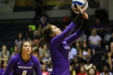 Abilene Christian University volleyball players during their match against Georgia Tech at O’Keefe Gymnasium in Atlanta, Georgia on Saturday, Aug. 25, 2018. (Photo/Steffenie Burns)