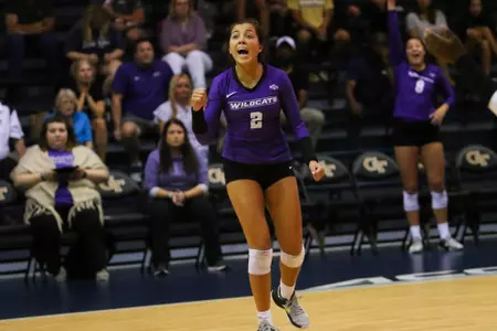 Abilene Christian University volleyball players during their match against Georgia Tech at O’Keefe Gymnasium in Atlanta, Georgia on Saturday, Aug. 25, 2018. (Photo/Steffenie Burns)