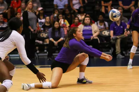 Abilene Christian University volleyball players during their match against Georgia Tech at O’Keefe Gymnasium in Atlanta, Georgia on Saturday, Aug. 25, 2018. (Photo/Steffenie Burns)
