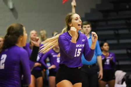 Abilene Christian University volleyball players during their match against Georgia Tech at O’Keefe Gymnasium in Atlanta, Georgia on Saturday, Aug. 25, 2018. (Photo/Steffenie Burns)