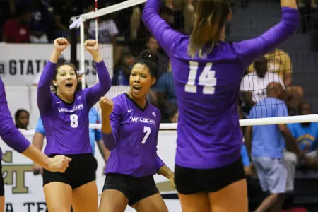 Abilene Christian University volleyball players during their match against Georgia Tech at O’Keefe Gymnasium in Atlanta, Georgia on Saturday, Aug. 25, 2018. (Photo/Steffenie Burns)