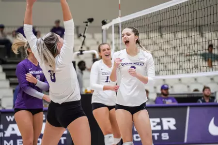 VB celebrates a points in win over SHSU at home