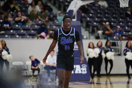 Ali Dibba gets back on defense on the road against SFA