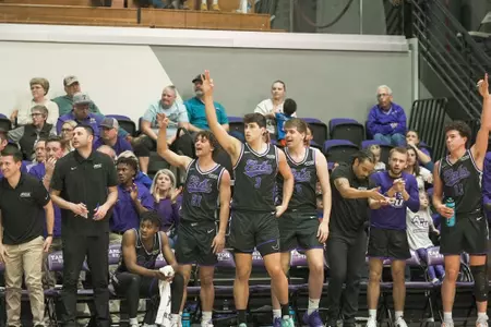 Wildcats bench celebrates a made three on the road at Tarleton