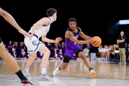 Damien Daniels drives the ball against CBU in WAC tournament