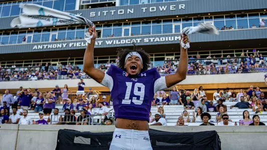 Jameer Dudley celebrates a home victory over Central Arkansas on October 5, 2024