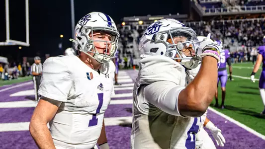 Maverick McIvor and Sam Hicks celebrate the game-winning touchdown at Tarleton on November 16, 2024