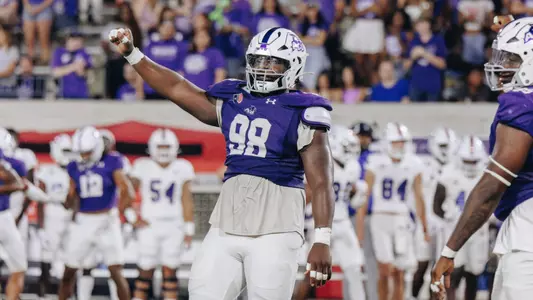 Dave Oke celebrates a defensive stop against West Georgia on Sept 7, 2024