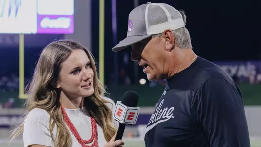 Keith Patterson is interviewed by Kendra Sheehan at halftime versus Austin Peay