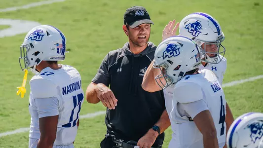 Graham Harrell coaches on the sideline on October 11, 2025 at West Georgia