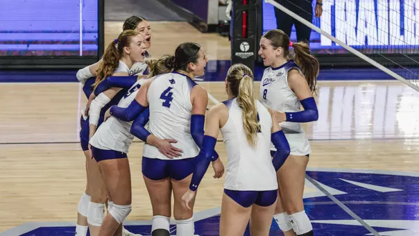 ACU volleyball celebrates a point in a 3-0 loss to Utah Tech at Moody Coliseum on Oct. 11, 2025.
