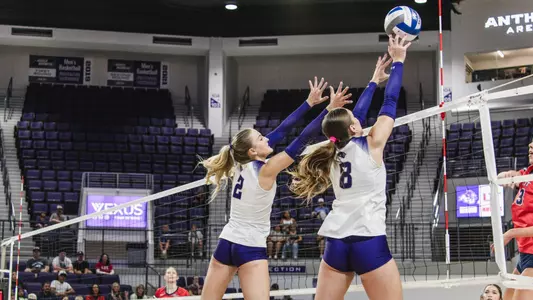 Avery Thaler attempts to block a shot in a 3-0 loss to Utah Tech at Moody Coliseum on Oct. 11, 2025.