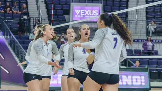 ACU volleyball celebrates a point in a 3-2 loss to Tarleton State at Moody Coliseum on Oct. 18, 2025.