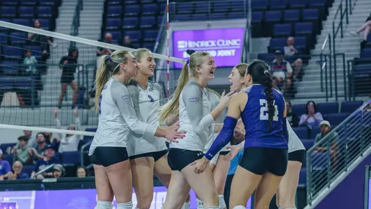 ACU volleyball celebrates a point in a 3-2 loss to Tarleton State at Moody Coliseum on Oct. 18, 2025.