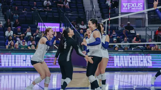 ACU volleyball celebrates a point in a 3-2 win over UT Arlington at Moody Coliseum on Nov. 1, 2025.