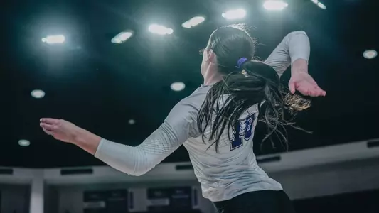 Aubrey Beaver delivers an attack in ACU's 3-2 loss to Utah Valley at Moody Coliseum on Nov. 15, 2025.