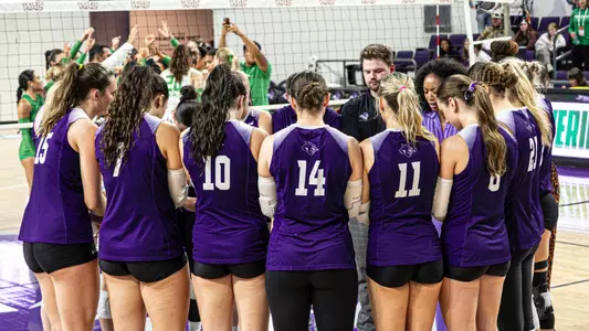 ACU volleyball huddles after a 3-0 loss to Utah Valley in the WAC Tournament at Moody Coliseum on Nov. 21, 2025.