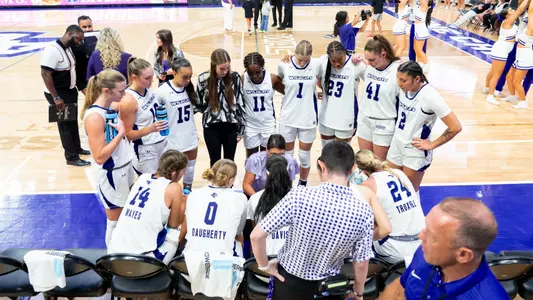 ACU women's basketball huddles during a 76-58 win over UTRGV at Moody Coliseum on Nov. 11, 2025.