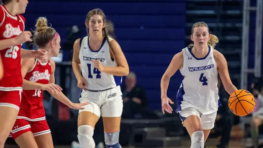 Erin Woodson and Meredith Mayes move down the court in ACU's 80-74 loss to Bradley in Fort Myers, Fla. on Nov. 29, 2025.