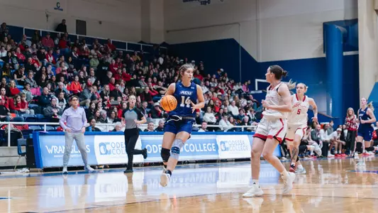 Meredith Mayes dribbles downcourt in ACU's matchup with Texas Tech in Odessa, Texas on Dec. 14, 2025.