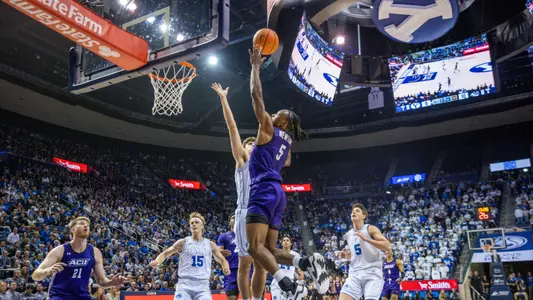 Cbo Newton jumps up to lift the ball to the basket at No. 10 BYU on December 19, 2025