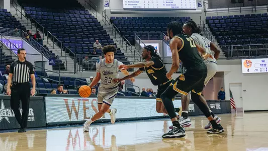 Joseph Venzant dribbles the ball in ACU's 87-55 win over Jarvis Christian at Moody Coliseum on Nov. 28, 2025.