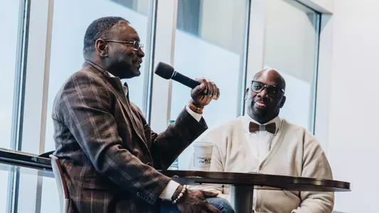 Dr. Vernon Shazier speaks at the ACU athletics chapel at Wildcat Stadium on Feb. 17, 2025.