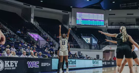 Zoe Jackson shoots a three-pointer in ACU women's basketball's matchup versus Utah Tech at Moody Coliseum on Feb. 6, 2025.